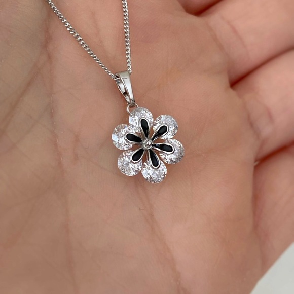 Flower Necklace | Platinum Plated Elegant Black Enamel Luxury Jewelry - Picture 3 of 8